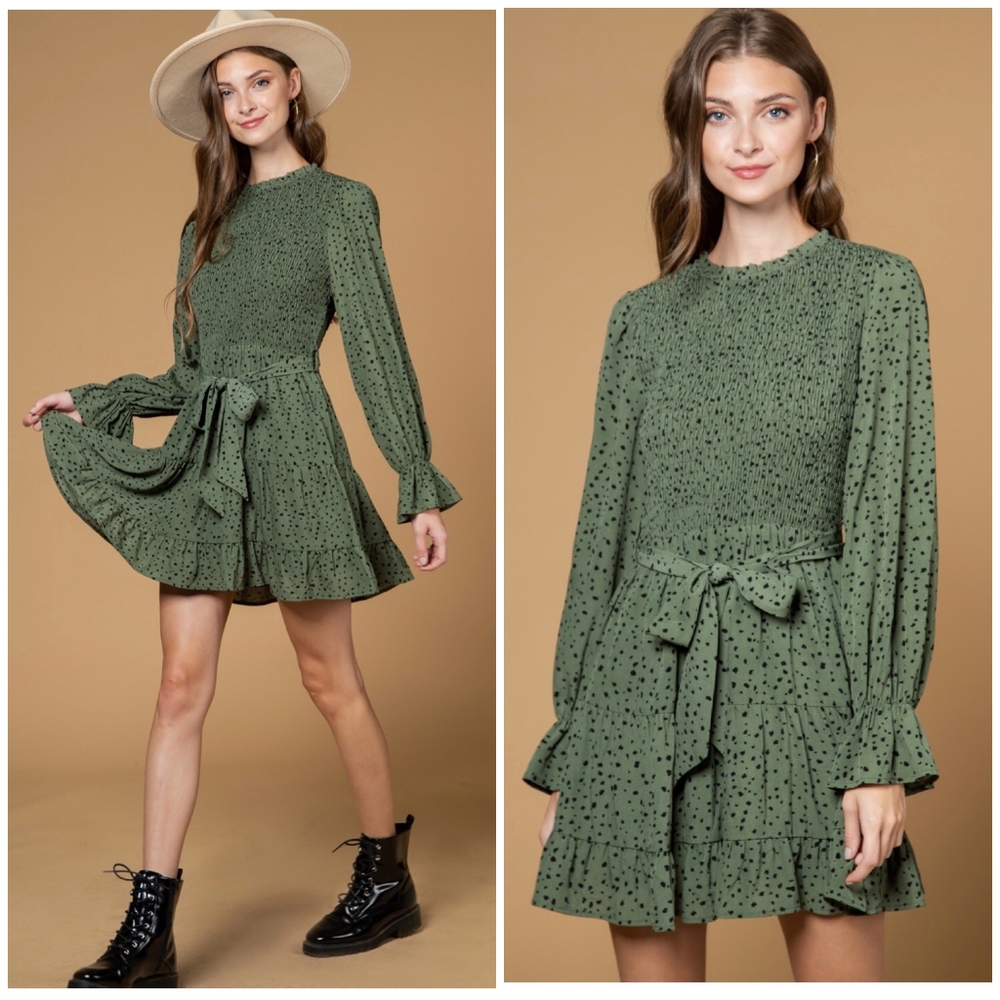 FEW LEFT❗️NEW IN By Very J Olive Ditzy Dots Long Sleeves Short Dress - Picture 11 of 14